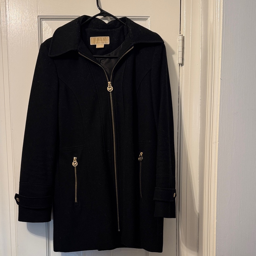 MICHAEL Michael Kors Black Pea Coat with Gold Accents